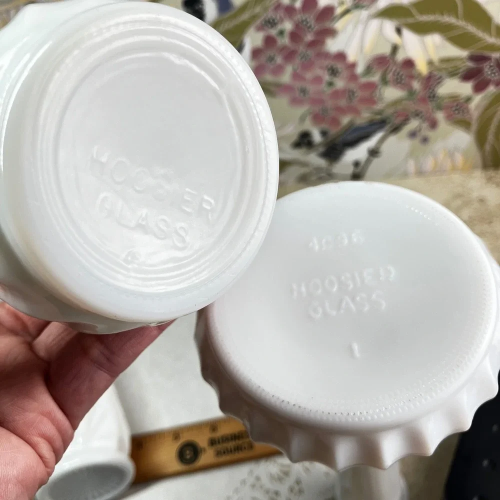 Hoosier Glass Bud Vases Set of 4 Vintage Milk Glass White Geometric Swirl